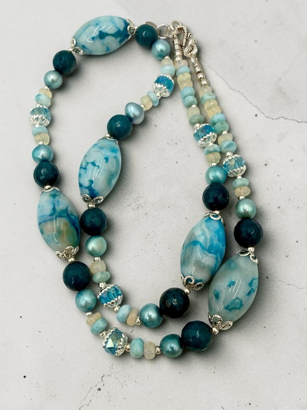Artisan Murano Style Glass Larimar Apatite Opal Pearl Necklace 22” Ocean Blue - Picture 13 of 17